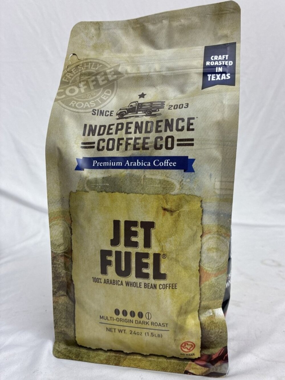 24oz Independence Coffee Co Jet Fuel Whole Bean Coffee. Craft roasted in Texas